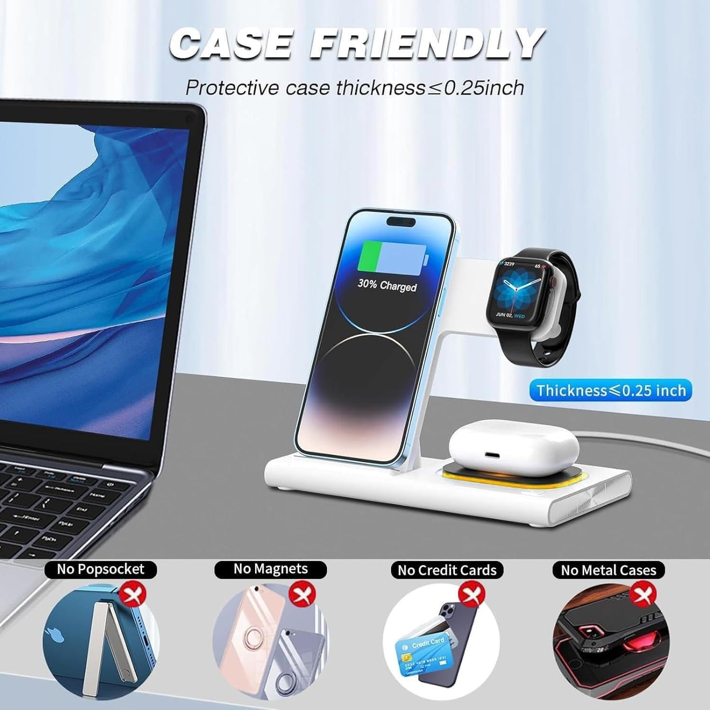 ZHAM 4in1 Foldable Wireless Charger, Total 23W Fast Wireless Charging Station Compatible with iWatch 8/7/SE/6/5/4/3/2,Air Pods 3/2/Pro,iPhone 14 13 12 11 Series/Samsung Galaxy S Note (White)