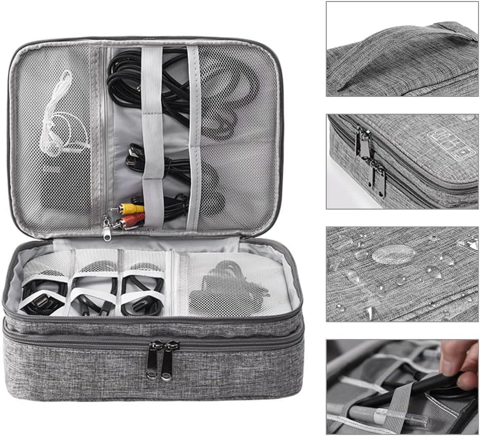 HCFGS Large Travel Cables Organizer Three Layers Waterproof Shockproof Cable Bag for Camera, iPad, USB Cable, SD Cards, Chargers, Hard Disk (Grey)