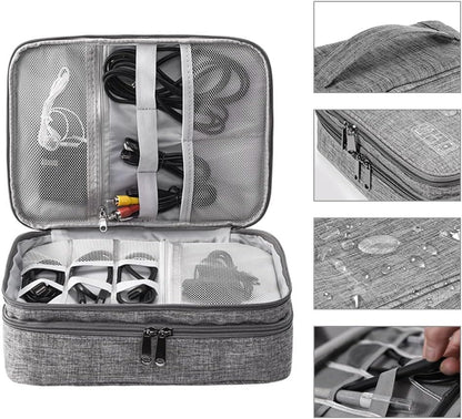 HCFGS Large Travel Cables Organizer Three Layers Waterproof Shockproof Cable Bag for Camera, iPad, USB Cable, SD Cards, Chargers, Hard Disk (Grey)