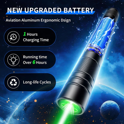 Powerful Green Rechargeable Flashlight, 2* Pack High Power Tactical Flashlight with Adjustable Focus, Long Distance Range Led Flashlight for Night Astronomy Outdoor Camping, Ideal Box for Man Boy