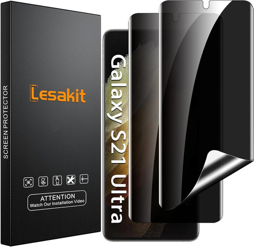 Lesakit 2 Pack Privacy Screen Protector for Samsung Galaxy S21 Ultra 6.8 inch, Anti Spy TPU Flexible Screen Protector [Support Fingerprint ID], True 28°, High Sensitivity, Case Friendly