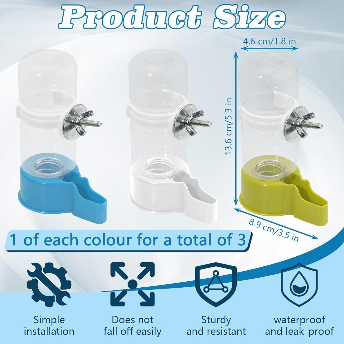 BELEFU Automatic Bird Water Dispenser, 4.7 Oz Plastic Suspended Bird Waterer, No Mess Parakeet Water Feeder for Cage Feeding Parrot Cockatiel Budgie (White, Green, Blue)