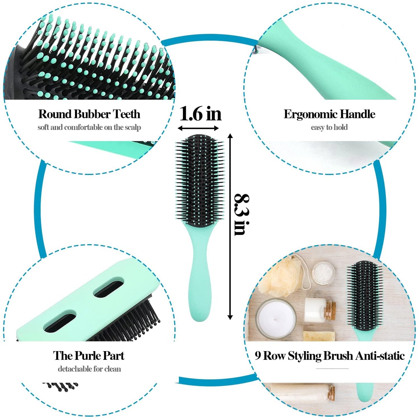 Aozzy 9Pcs Curly Hair Brush Set, Hair Brushes for Women, Round Brush for Blow Drying, Paddle Brush, Fit for Detangling Wet Long Thick Hair, Spray Bottle for Curly Wavy Hair, Family Daily Care（Green）