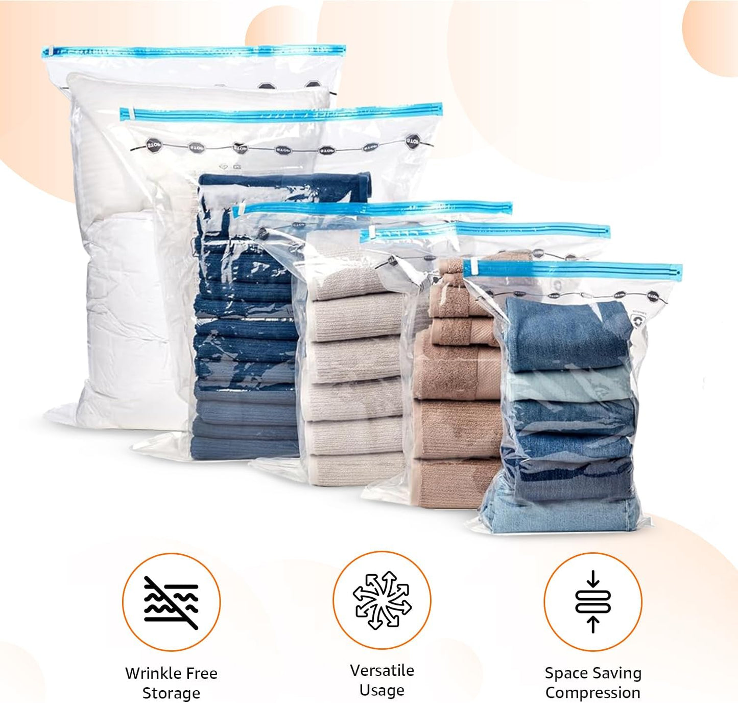 Amazon Basics Vacuum Compression Storage Bags with Hand Pump, 20 Pack (5 Small, 5 Medium, 5 Large & 5 Jumbo), Multiple Size, Clear