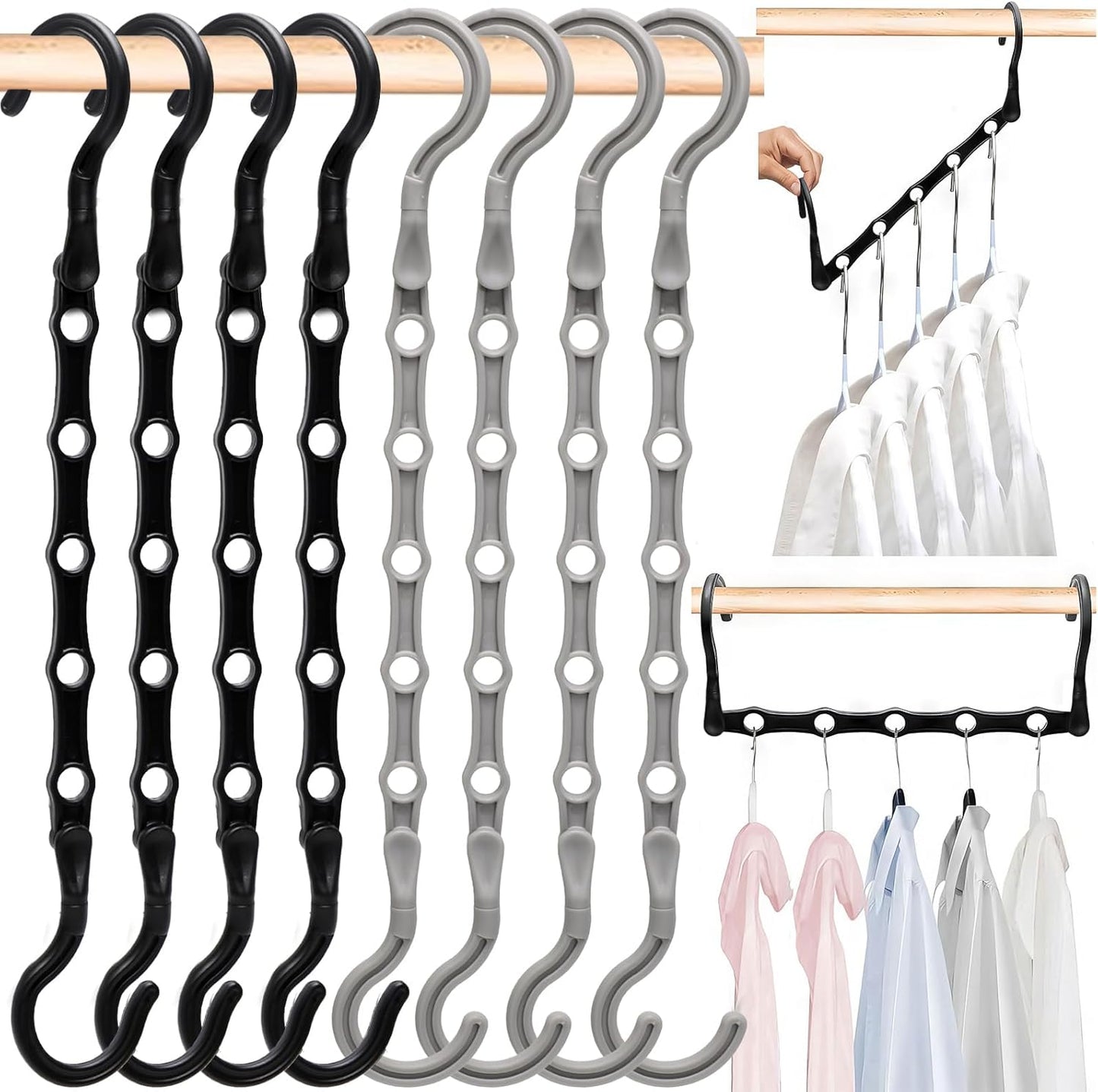 Closet Organizers and Storage,8 Pack Stronger Space Saving Hangers Clothes Hanger with 5 Holes Closet Storage for Heavy Clothes,Magic Home Organization College Dorm Room Essentials for Girls Guys