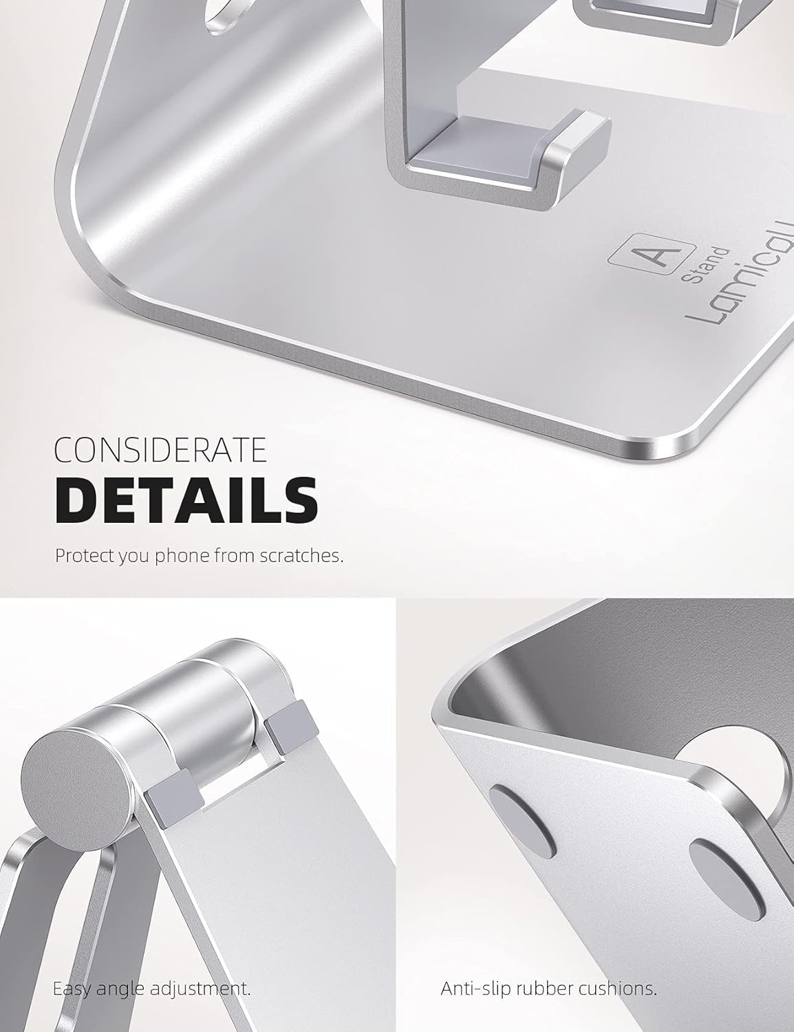 Lamicall Adjustable Cell Phone Stand - Aluminum Desktop Phone Holder, Anti-Slip Mobile Phone Base Desk Table, Compatible with iPhone, Samsung Galaxy Note, Office Accessories, 4-8" Smartphone - Sliver