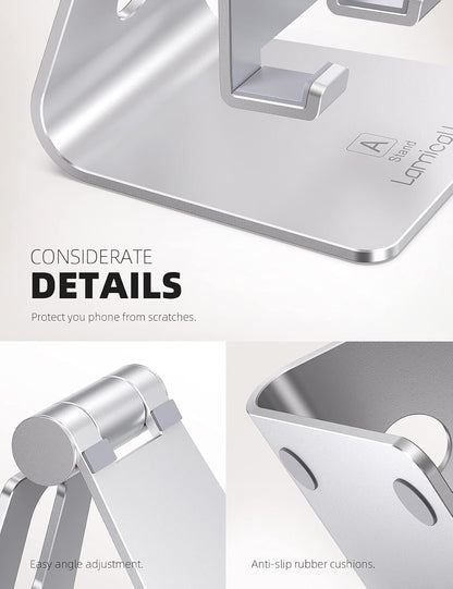 Lamicall Adjustable Cell Phone Stand - Aluminum Desktop Phone Holder, Anti-Slip Mobile Phone Base Desk Table, Compatible with iPhone, Samsung Galaxy Note, Office Accessories, 4-8" Smartphone - Sliver