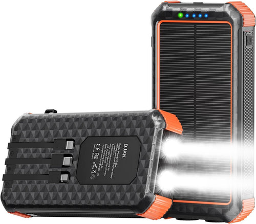 Solar Charger Power Bank 46800mAh, Solar Phone Charger Built-in 3 Cables 15W Fast Charging 4 Output for All Mobile Devices, 2 Inputs Solar Portable Charger with Dual Flashlights&Compass (Orange)