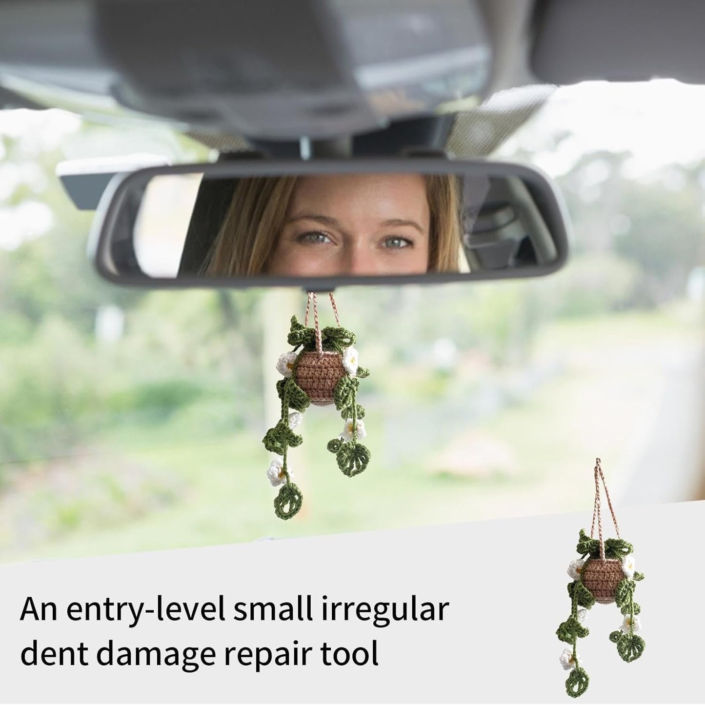 Crochet Hanging Plant for Car - Cute Car Accessories, Crochet Potted Plants, Car Hanging Accessories, Handmade Knitted Rear View Accessories Car Interior Aesthetic