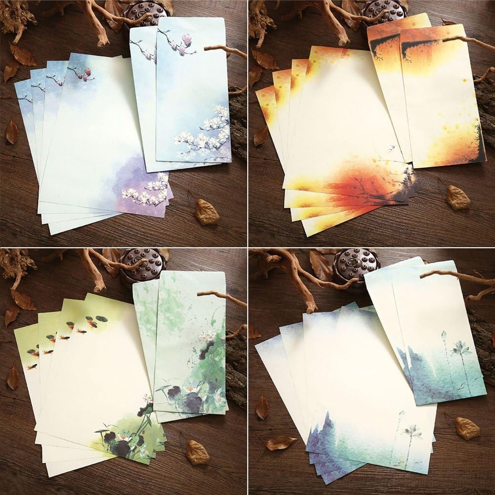 Winrase Set of 32 Chinese Ink Painting Classical Style Design Writing Stationery Paper with 16 Envelopes8 Styles