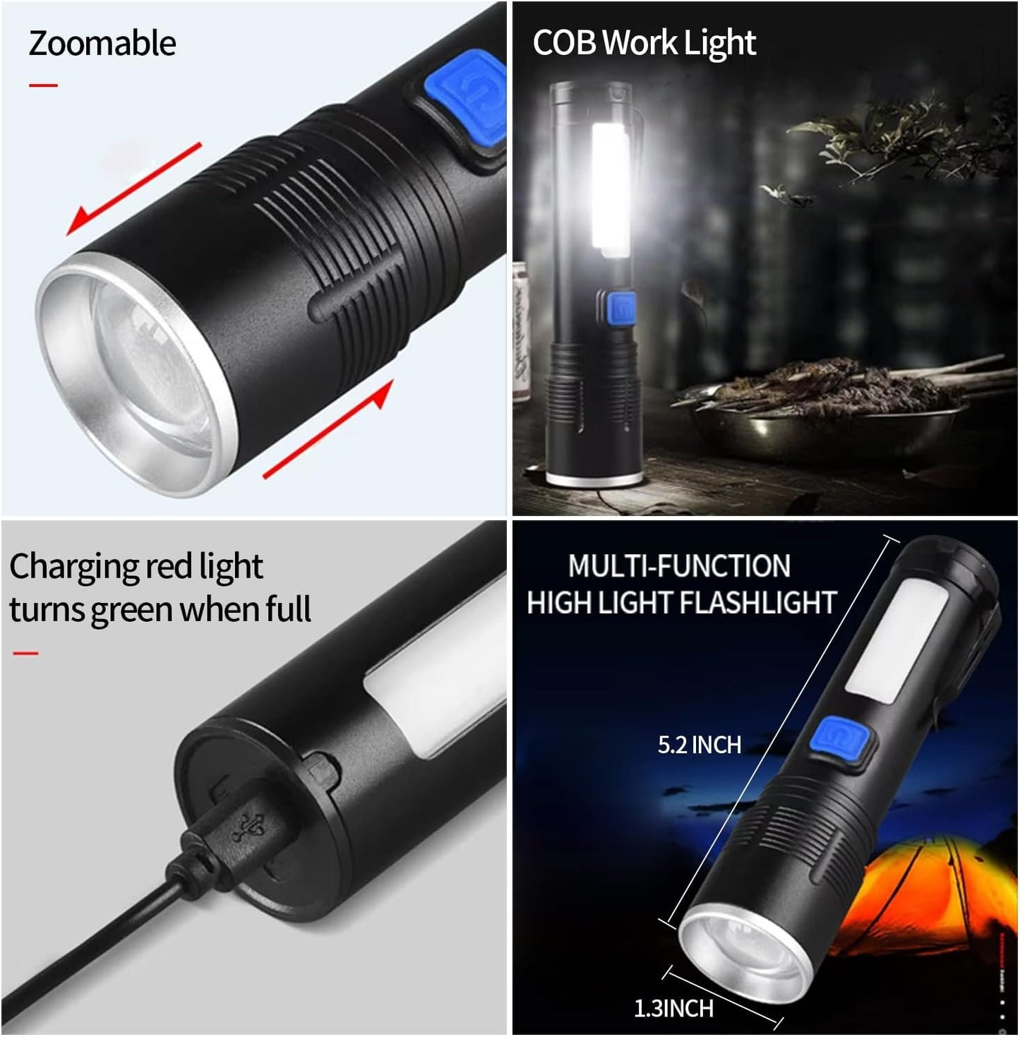 YZYOE High Lumens Rechargeable Tactical Flashlights，Super Bright 100000 Lumen Flashlight， COB Work Light，3 Modes Zoomable Emergency Camping Led Flashlights.