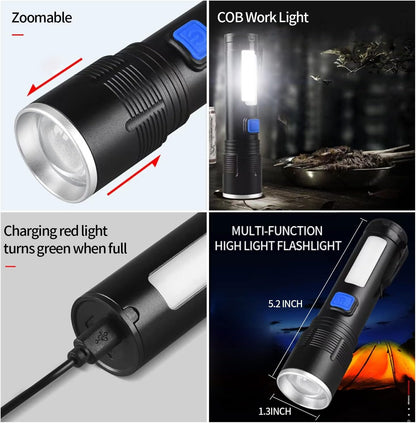 YZYOE High Lumens Rechargeable Tactical Flashlights，Super Bright 100000 Lumen Flashlight， COB Work Light，3 Modes Zoomable Emergency Camping Led Flashlights.