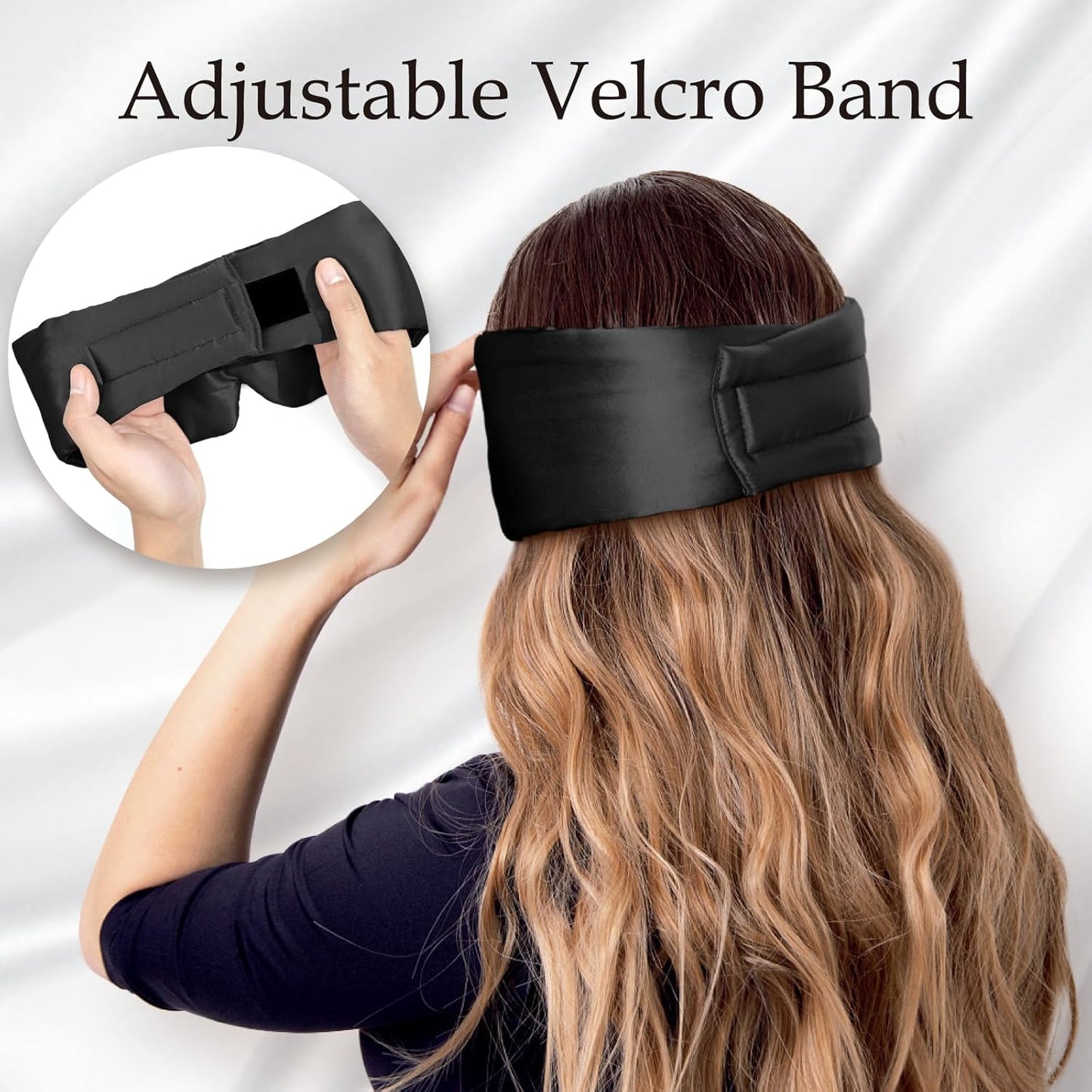 (Black) - 100% Mulberry Silk Sleep Mask Eye Mask for Man and Woman with Adjustable Hook and loop Headband, Full Size Large Sleep Mask & Blindfold for Total Blackout for All Night Sleep, Travel & Nap- Black