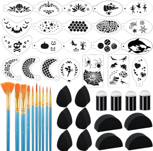 Face Paint Stencils Kit,22 Pcs Reusable Facial Painting Stencils Reusable Body Paint Templates with 10 pcs Brushes,14 pcs Sponges for Party Halloween Makeup Depvision Face Paint Accessory Kit