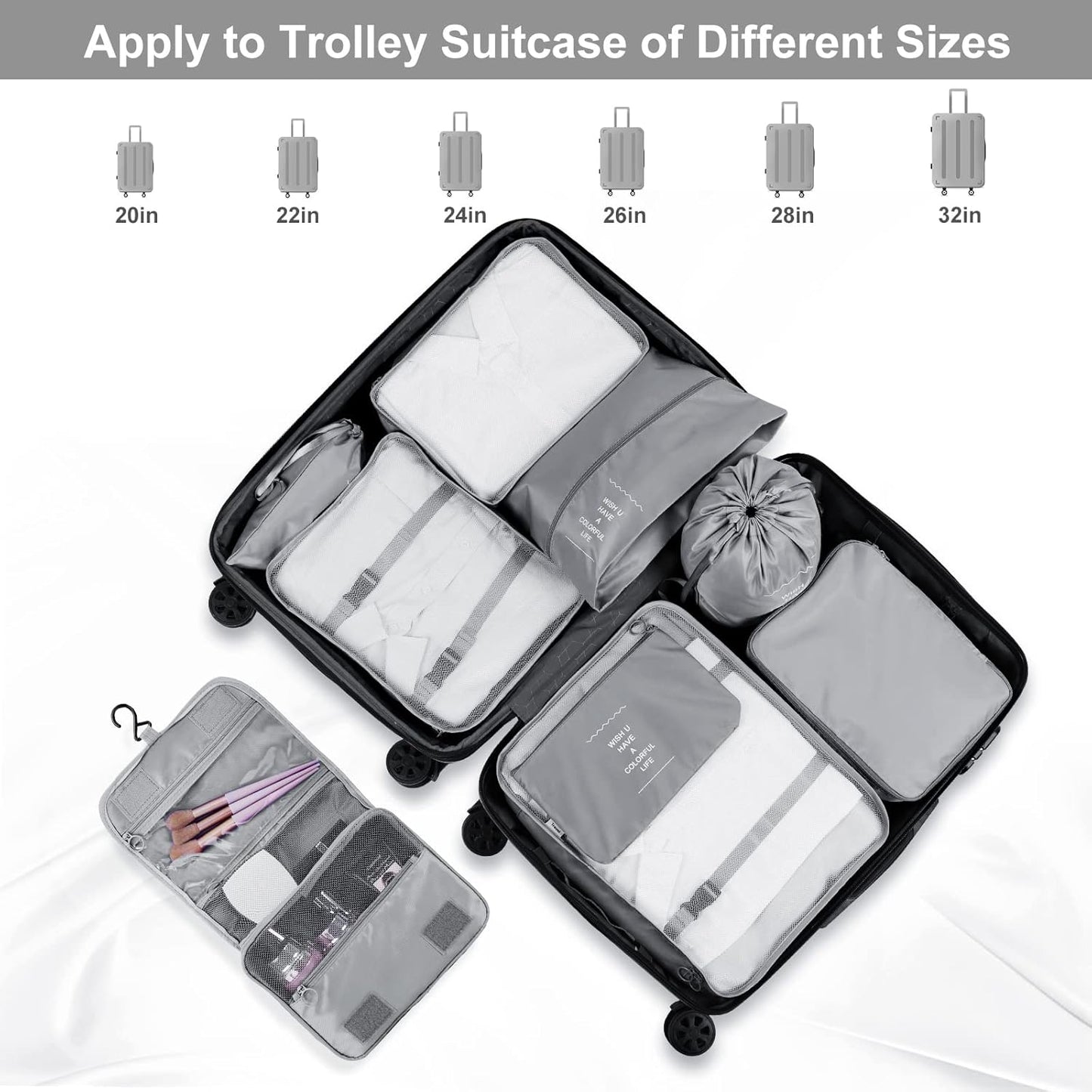 TAMOWA Organizer Suitcases Set of 9, Travel Cube Packing Cubes, Cosmetics Clothing Underwear Footwear Organizers Sacks Storage Suitcase Set, grey