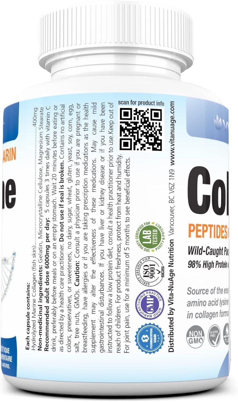 Vita-Nuage | Canada Brand | (2 PACK) Premium Marine Wild Fish Collagen 6000mg 90% High Protein Content 120 Count, 100% Pure Hydrolyzed Collagen
