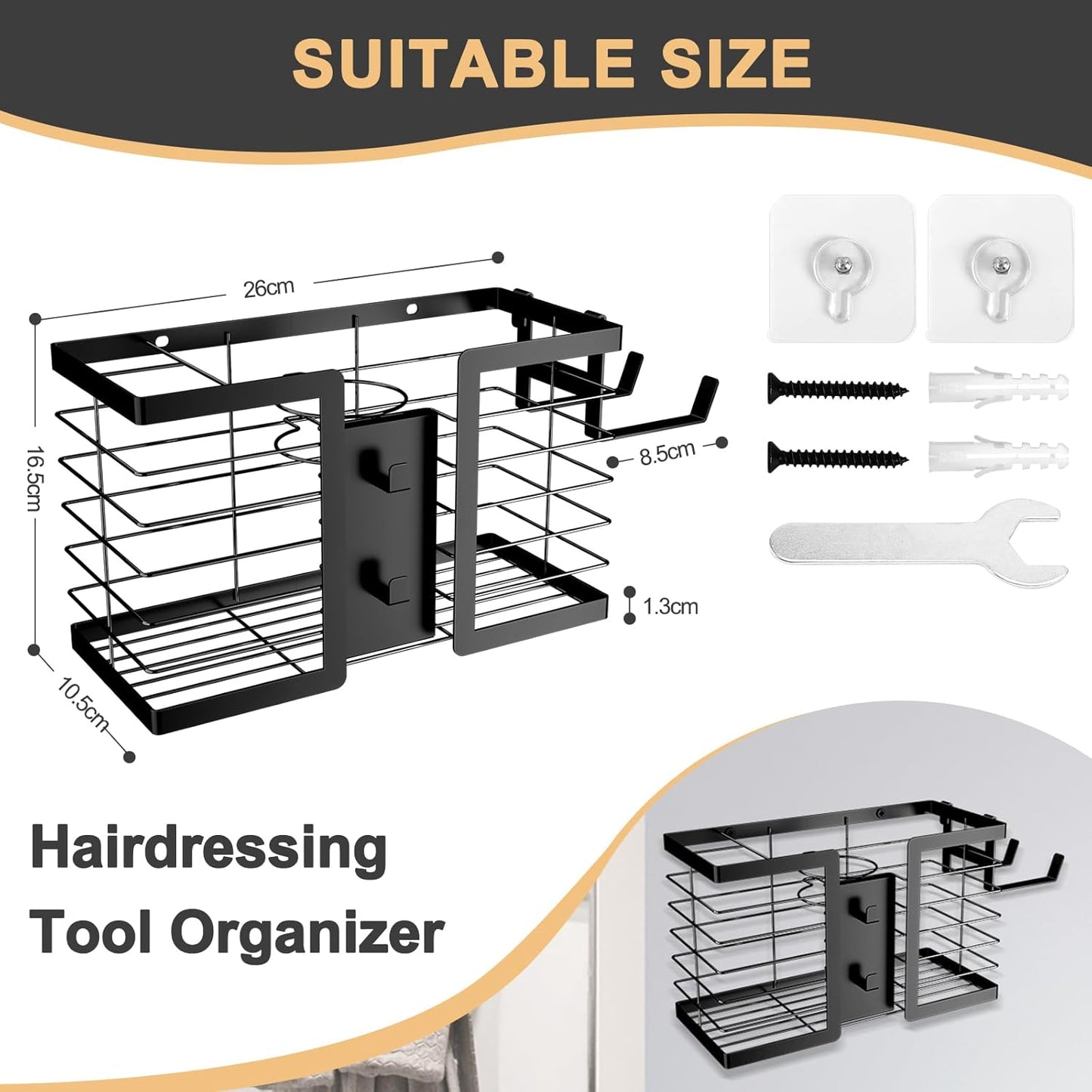 Hair Tool Organizer - Hair Dryer Holder, 3 in 1 Metal Bathroom Organizer Wall Mount for Flat Iron, Curling Iron, Straightener, Hair Care & Styling Tools Bathroom Storage and Organizer (Black)