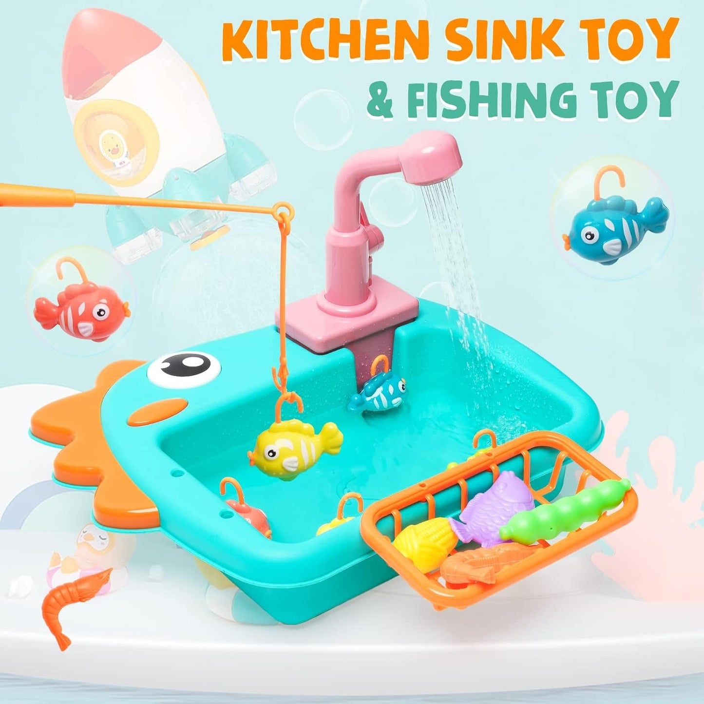 Kitchen Sink Toy with Running Water Dishwasher Play Kitchen Accessories with Automatic Water Circulation Tableware Accessories Vegetable Fruit Fishing Games Gift for Girls and Boys（Green）