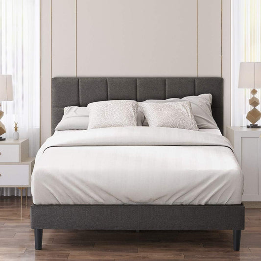 Zinus Lottie Double Bed Frame Platform /y/Classic Square Stitched Fabric Beds/Solid Wood Slats/Bedroom Furniture