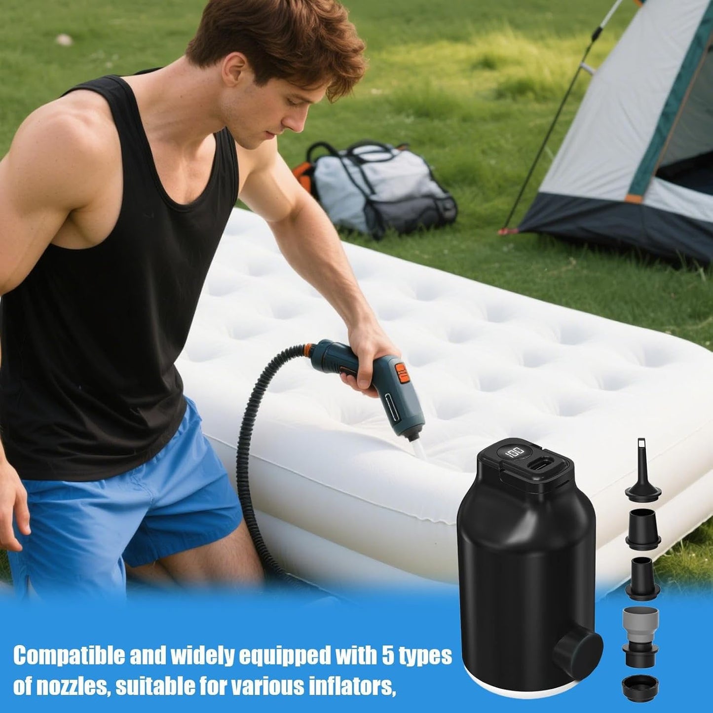 Rechargeable Air Pump, Electric Inflatable Device, Portable LED Light Accessory, Five Nozzle Kit for Pool Camping Sleeping Bags, Travel Gear Inflation for Outdoor Use