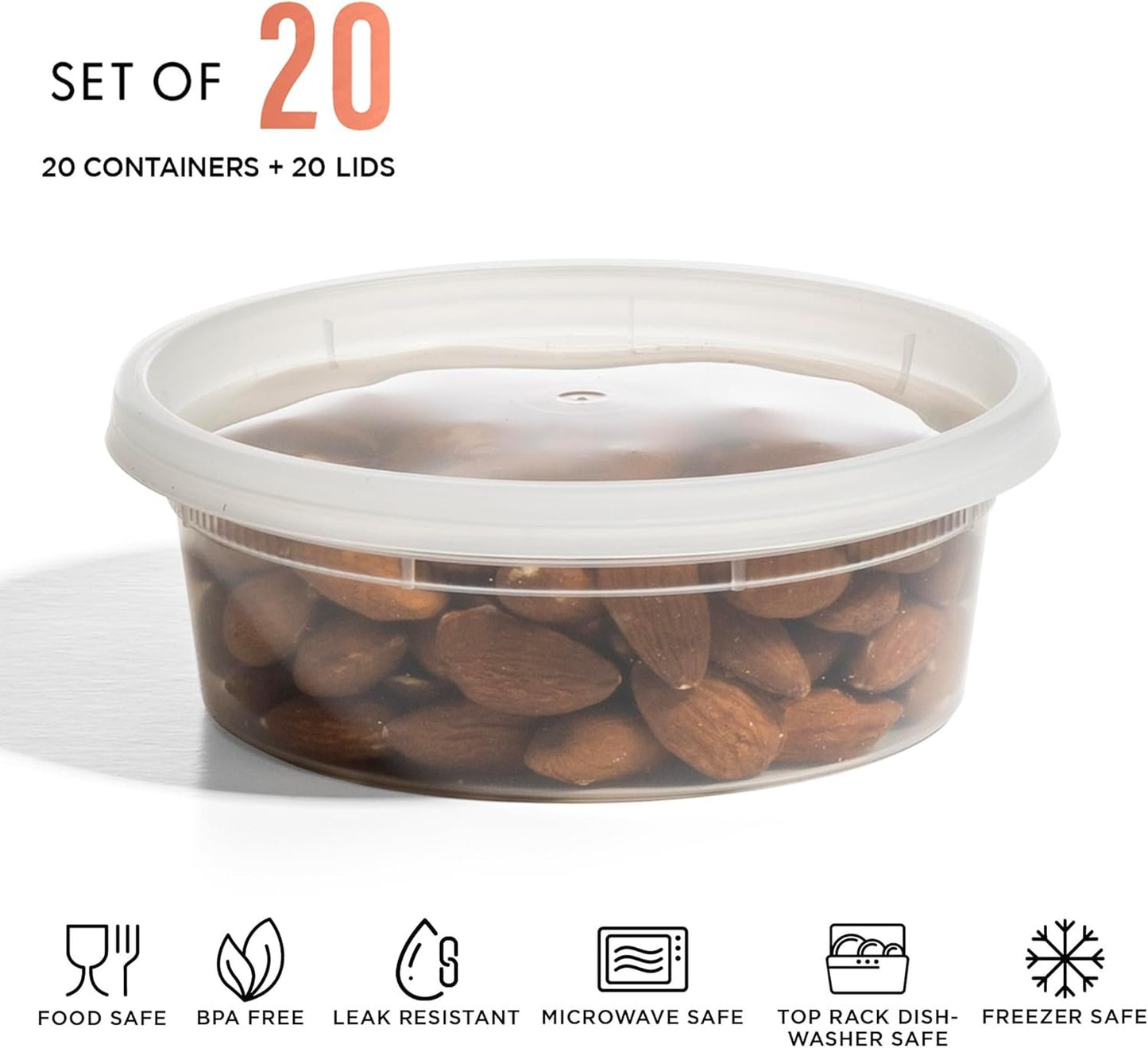 BINO | 8 Oz Deli Containers with Lids - 20 Pack | Food Storage Containers with lids | Freezer Safe, Microwaveable Plastic Containers with Lids for Meal Prep, Leftovers, Soups, Salads Takeout Catering