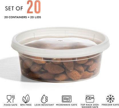 BINO | 8 Oz Deli Containers with Lids - 20 Pack | Food Storage Containers with lids | Freezer Safe, Microwaveable Plastic Containers with Lids for Meal Prep, Leftovers, Soups, Salads Takeout Catering