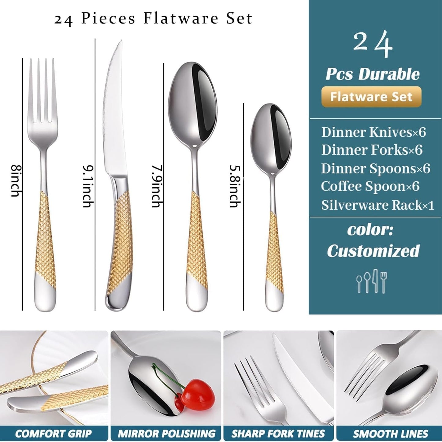 Gold Silverware Set, 24 Pieces Flatware Set with Silverware Holder, Stainless Steel Knives and Forks and Spoons Cutlery Set for 6, Kitchen Utensil Tableware Set with Antiskid Handle (Golden & Silver)