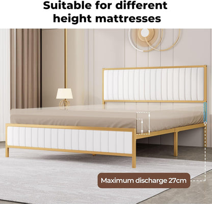 Levede Metal Queen Bed Frame, PU Fabric, Upholstered Headboard, Elevated Design, Under Bed Storage Space,13 Metal Slats Support, Easy Assemnly Platform Bed, Beige
