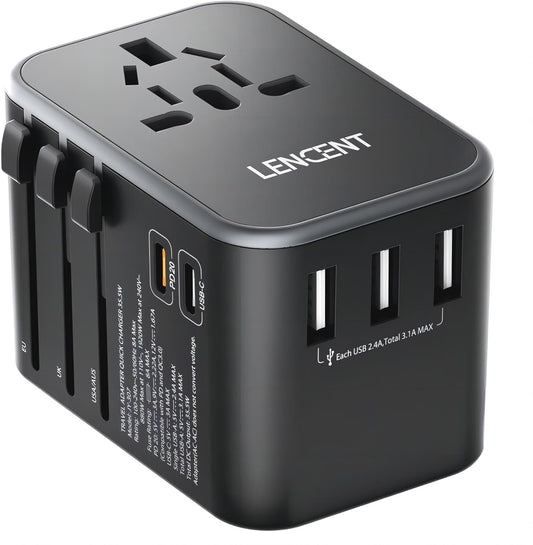 LENCENT Universal Travel Adapter, International Power adapters with 3 USB Ports & 2 Type-C PD Fast Charging Adaptor All in One Plug Adapter for Mobile Phone, Tablet,Type A/C/G/I (USA/UK/EU/AUS)