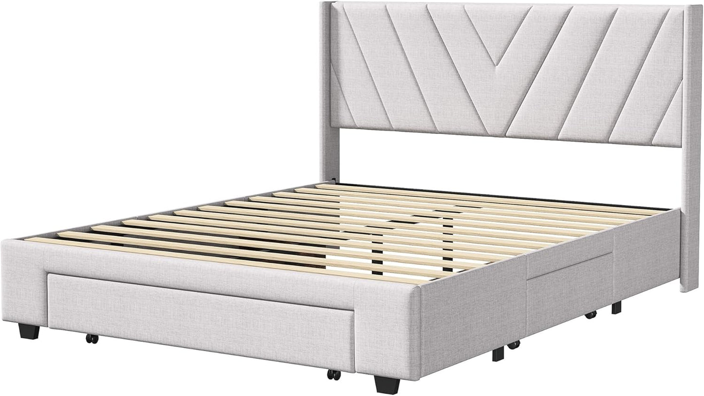 BRILVERDE Upholstered Bed, 160 x 200 cm, Double Bed with 3 Drawers, Solid Wood Bed with Headboard, Junior Bed, No Mattress, Beige (160 x 200 cm)