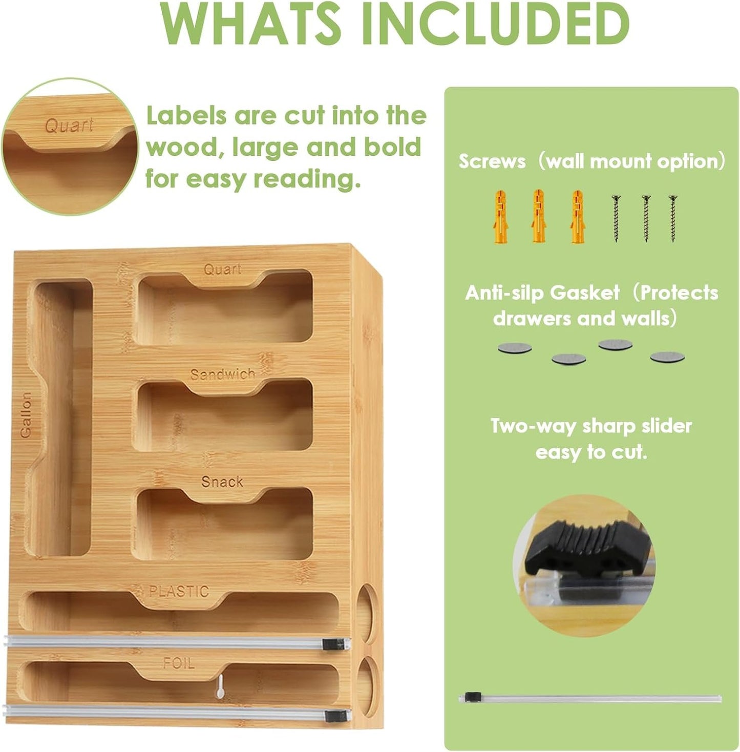 Bag Storage 6 IN 1 Foil and Plastic Wrap Organizer for Kitchen Drawer, Plastic Wrap Dispenser with Cutter, 100% bamboo foil and plastic wrap organizer,bag organizer for Drawer Gallon, Quart