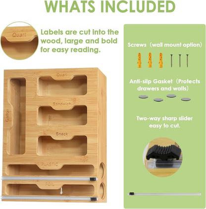 Bag Storage 6 IN 1 Foil and Plastic Wrap Organizer for Kitchen Drawer, Plastic Wrap Dispenser with Cutter, 100% bamboo foil and plastic wrap organizer,bag organizer for Drawer Gallon, Quart