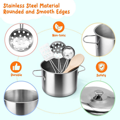 37Items 59Pcs Kids Pretend Play Kitchen Accessories Set, Stainless Steel Play Pots and Pans Sets for Kids, Cooking Utensils, Play Food Pizza Knife Kitchen Playset Toys Gift for Boys Girls Toddlers