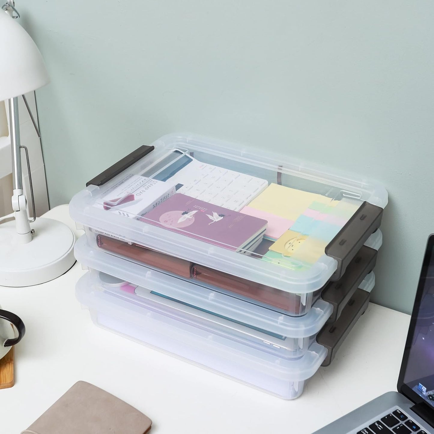 Citylife 3 PCS Plastic Storage Bins with Latching Lids Clear File Box Portable Storage Containers for Organizing A4 Paper, Document, Scrapbook, 14.65" x 10.43" x 2.87"