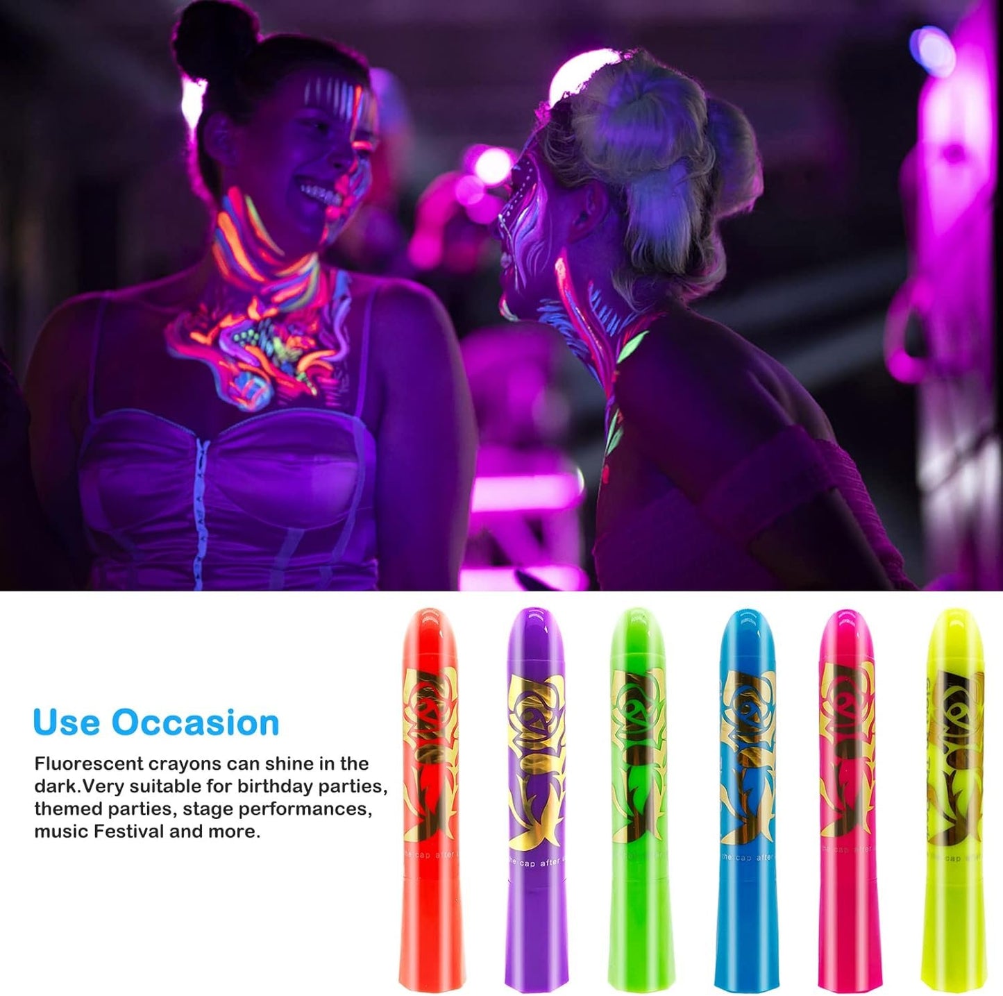 Face Paint Crayons Glow In The Dark Body Painting Kit Under UV and Black Light Makeup Non-Toxic for Halloween Masquerades Easter Festivals Party Supplies (6 Colors)