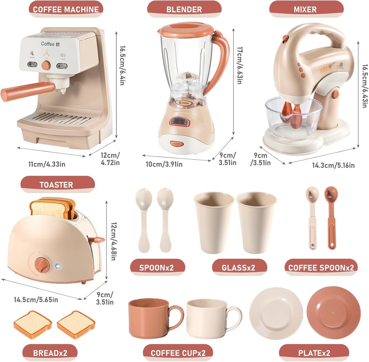 Kids Assorted Kitchen Appliance Play Toys Includes Coffee Maker ,Blender,Fruit Machine and Toaster ,Apron and Cups,with Realistic Lights& Sounds,Learning Gift for Toddlers Baby Girls Boys