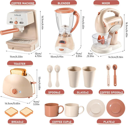 Kids Assorted Kitchen Appliance Play Toys Includes Coffee Maker ,Blender,Fruit Machine and Toaster ,Apron and Cups,with Realistic Lights& Sounds,Learning Gift for Toddlers Baby Girls Boys