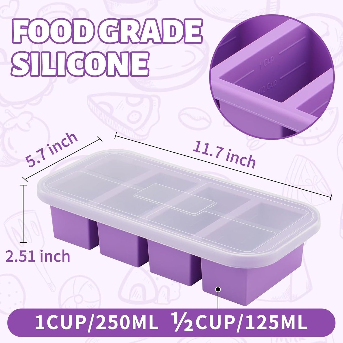 Silicone Freezer Trays with Lid, Soup Cubes Freezer Molds, Silicone Ice Cube Tray, Easy Meal Prep, Silicone Mold for Soup and Food Storage (Violet-4 Cups)