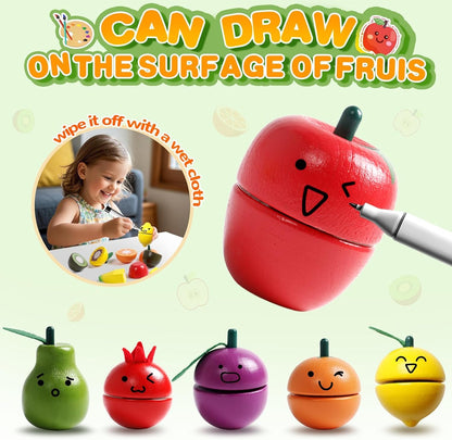 Wooden Play Food Montessori Toys for 2 3 4 Year Old Girls Boys Cutting Fruits Pretend Play Kitchen Accessories Toddlers Educational Kids Toys Birthday Gifts for 2 3 4 5 Year Old Boy Girl
