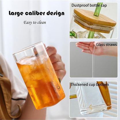 Glass Drinking Cup 400ML Square Glass Tumbler with Handle Clear Coffee Cups with Lids and Straws Portable Water Bottles Milk Jar Can hold various beverages. (Transparent)