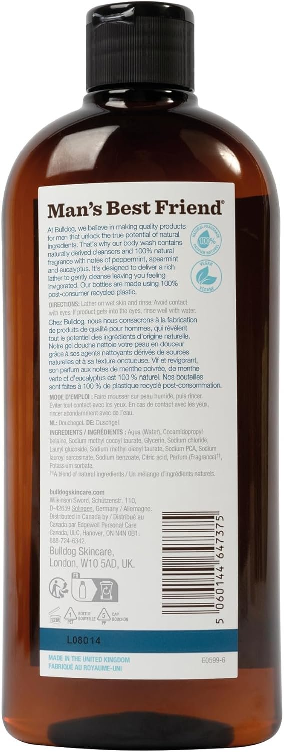 Bulldog Skincare Peppermint & Eucalyptus Shower Gel Body Wash for Men, 500 Milliliters