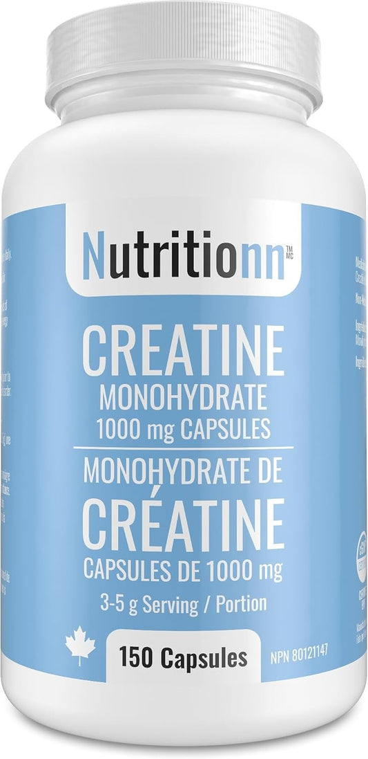 Creatine Capsules - 100% Creatine Monohydrate 1000 mg x 150 Pills (3-5 g Serving) - Made in Canada - Premium Strength and Muscle Growth Supplement by Nutritionn