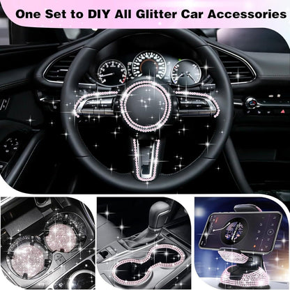 SAHENITEANA 16.4Ft Bling Car Trim Self Adhesive, DIY Rhinestone Interior Accessories Set for Women, Dashboard Decoration Strips Line Molding (Silver)