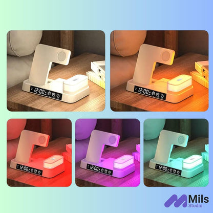 4-in-1 30W Apple Foldable Wireless Charging Alarm Clock Station with Portable LED Lights (A37) (White)