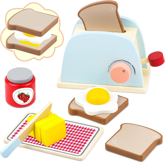 Airlab Wooden Pop-up Toaster Toy Set for Kids Play Kitchen Accessories Play Food Bread, Egg, Butter Pretend Cutting Toys Toddlers Gift for 3 4 5 Year Old Boys Girls