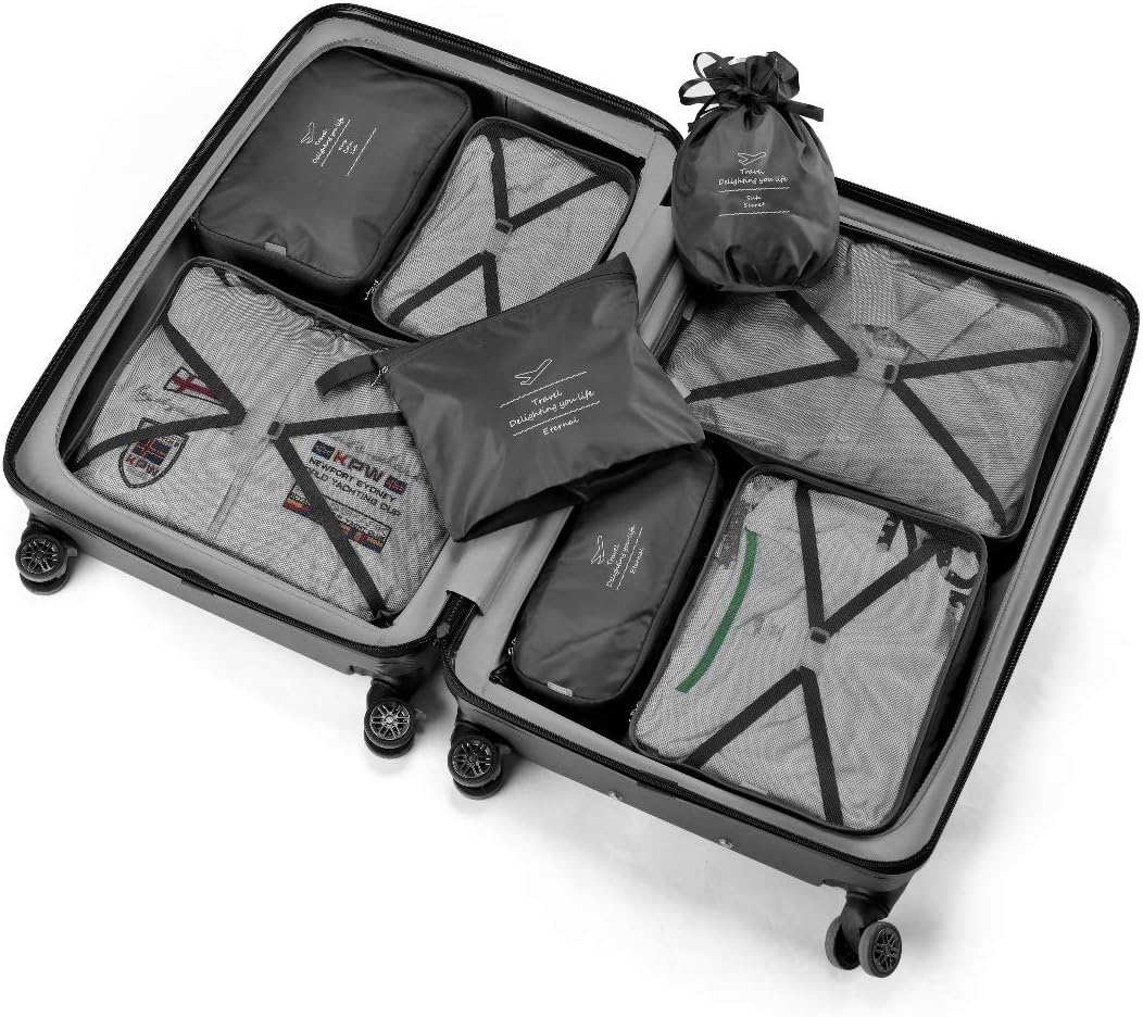 Suitcase Organizer 8 Pieces Latest Travel Design Travel Organizers Include Waterproof Storage Bag Shoe Compression Bags for Travel, Black, S M L