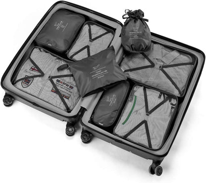 Suitcase Organizer 8 Pieces Latest Travel Design Travel Organizers Include Waterproof Storage Bag Shoe Compression Bags for Travel, Black, S M L