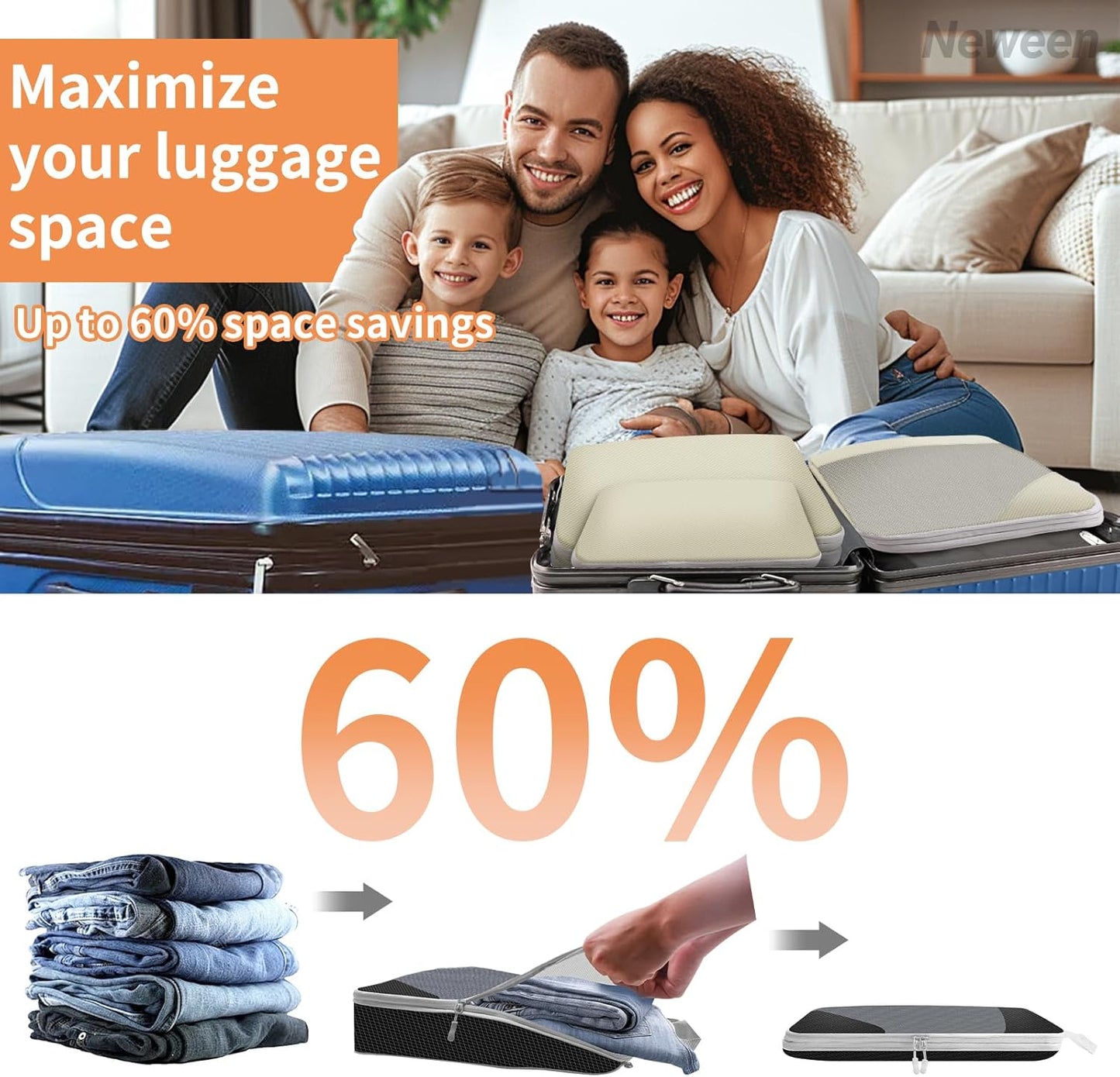 Neween Compression Packing Cubes for Carry On Suitcases, 6 Set Extensible Compression Packing Cubes for Travel Compression Bags for Packing Organisers Expandable Travel Suitcase Accessories (Black)
