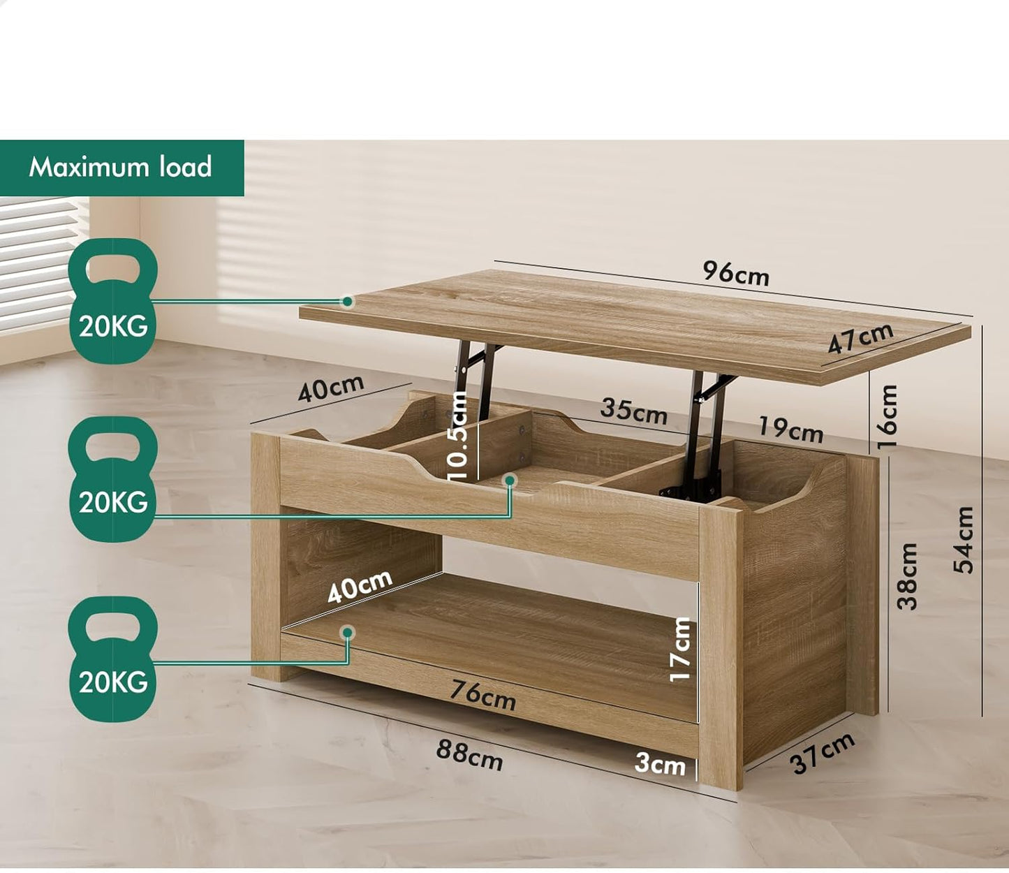 ALFORDSON Lift Top Coffee Table with Hidden Compartment and Open Shelf, Rising Tabletop Dining Table for Living Room Office Reception, Convertible Center Table, Black