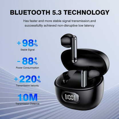 Bluetooth Earbuds Wireless 5.3 LED Display Headphones with ENC Mic,40H Bluetooth Earphones in Ear Deep Bass Stereo Sound,Mini Ear Buds IP6 Waterproof,Touch Control for Work Sport